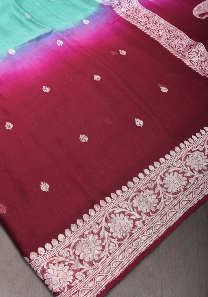 Banarasi Pure Silk Chiffon Ombré Saree with Elongated Paisley Border in Pallu With Green & Maroon | SILK MARK CERTIFIED