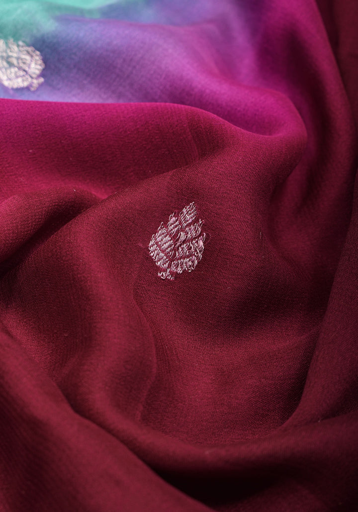 Banarasi Pure Silk Chiffon Ombré Saree with Elongated Paisley Border in Pallu With Green & Maroon | SILK MARK CERTIFIED