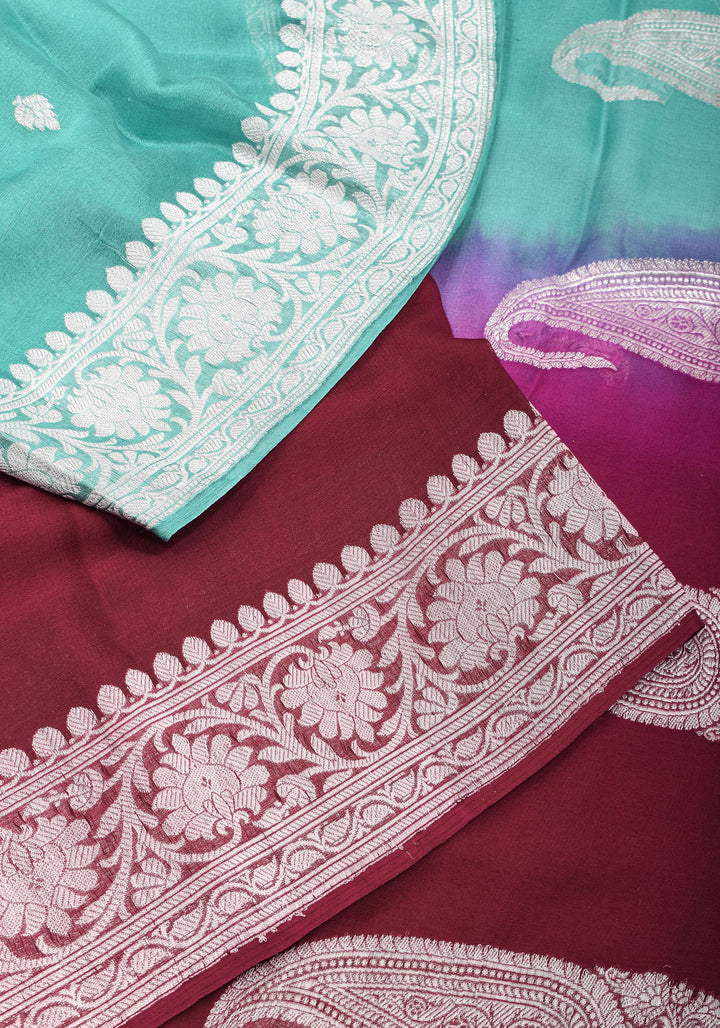 Banarasi Pure Silk Chiffon Ombré Saree with Elongated Paisley Border in Pallu With Green & Maroon | SILK MARK CERTIFIED