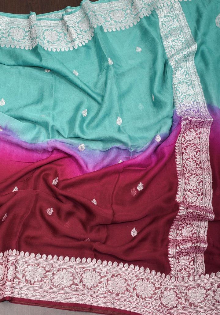 Banarasi Pure Silk Chiffon Ombré Saree with Elongated Paisley Border in Pallu With Green & Maroon | SILK MARK CERTIFIED
