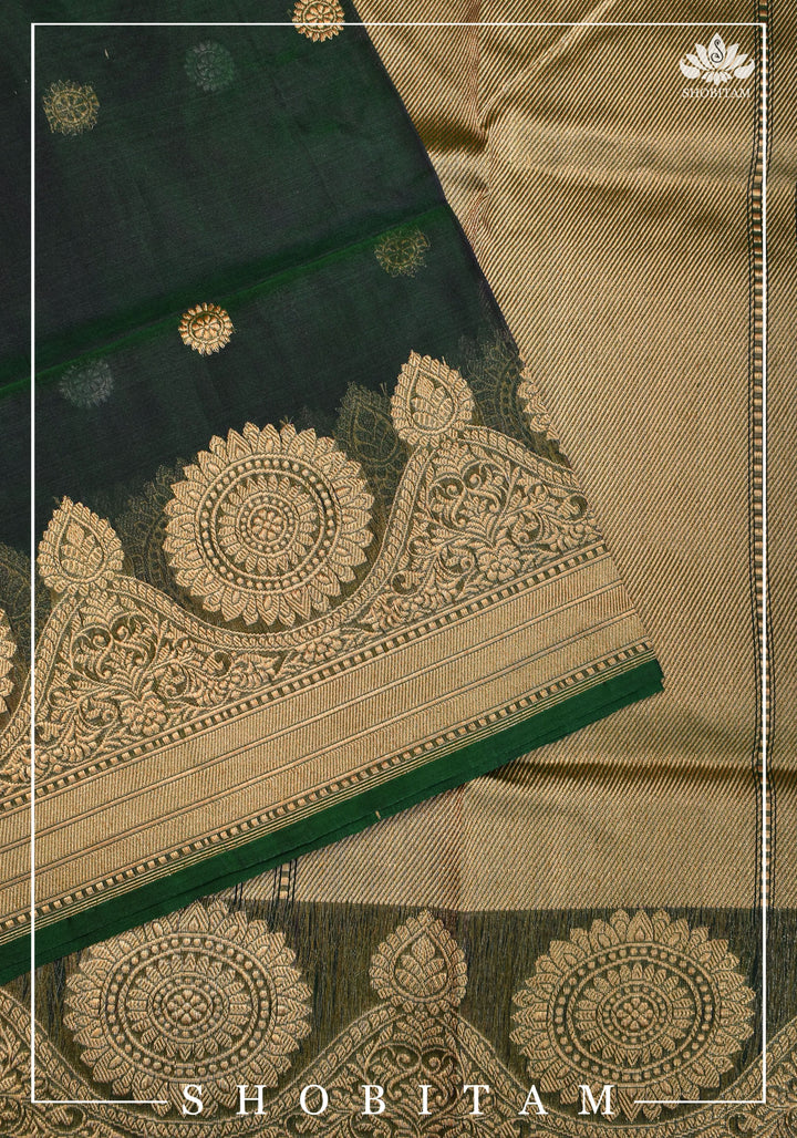 Gorgeous Pure Banarasi Kora Silk Saree in Bottle Green Purple Dual Tone with Kadhuwa Weave | SILK MARK CERTIFIED | SHOBITAM