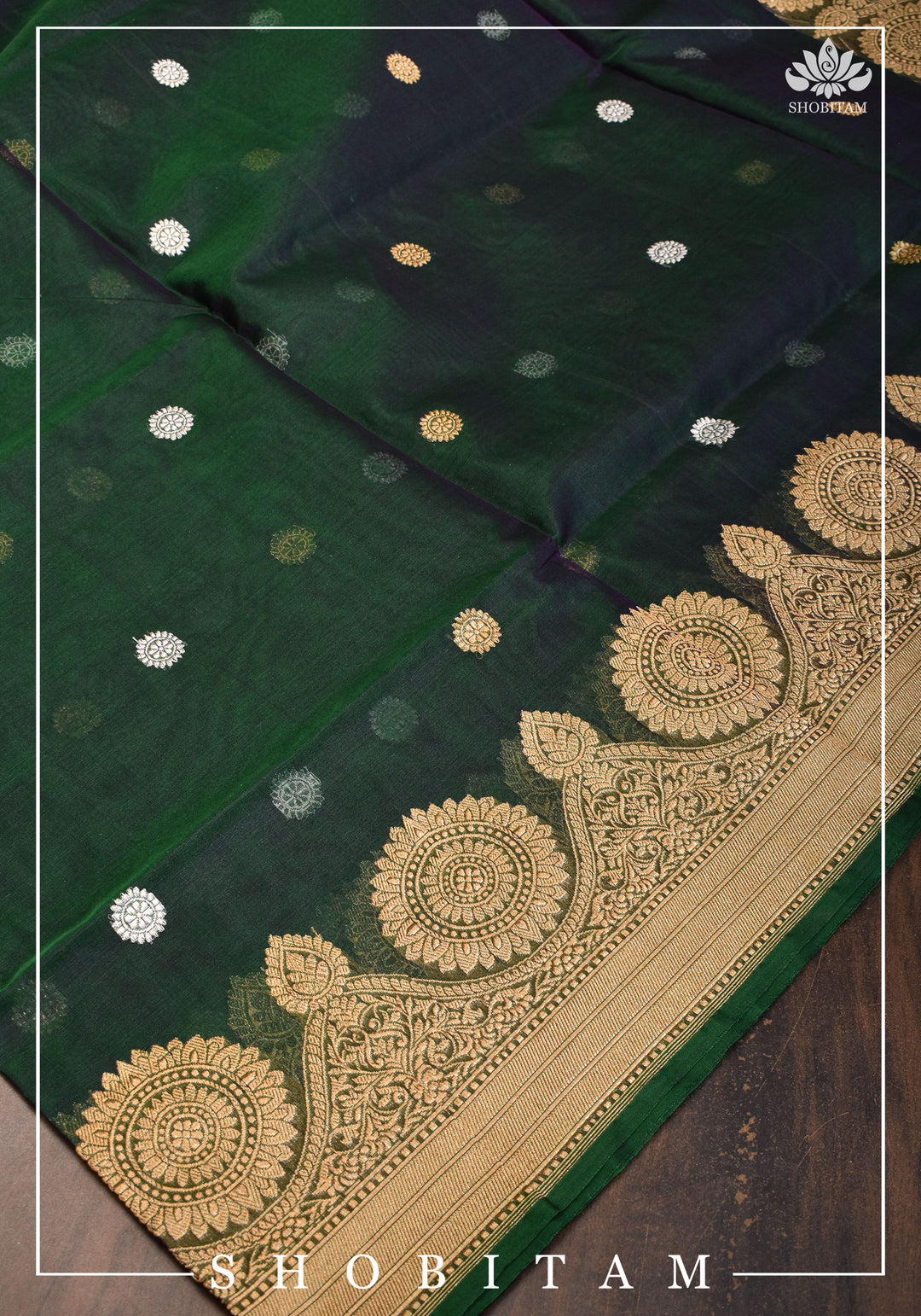 Gorgeous Pure Banarasi Kora Silk Saree in Bottle Green Purple Dual Tone with Kadhuwa Weave | SILK MARK CERTIFIED | SHOBITAM