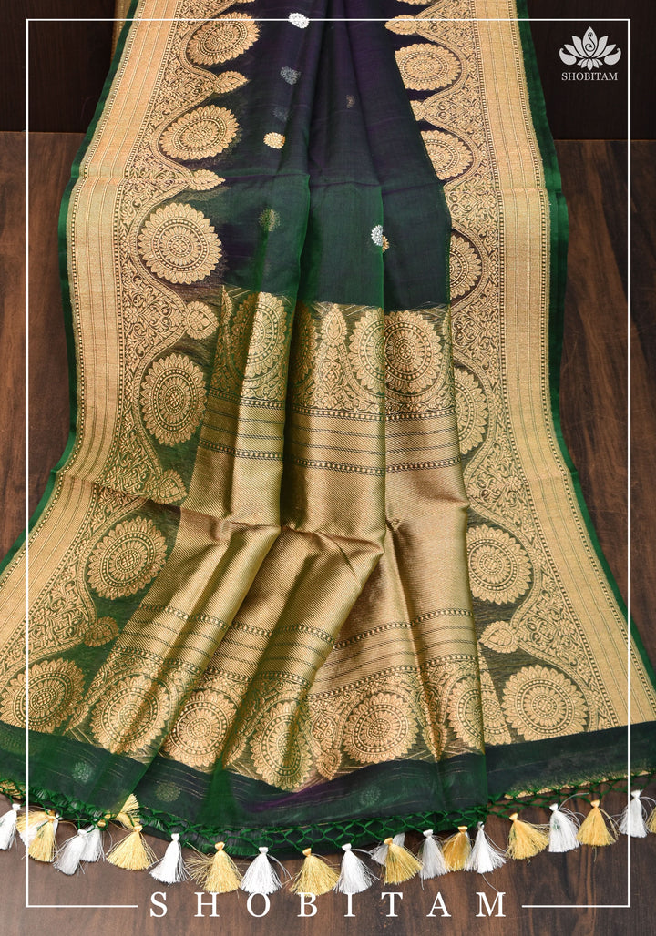 Gorgeous Pure Banarasi Kora Silk Saree in Bottle Green Purple Dual Tone with Kadhuwa Weave | SILK MARK CERTIFIED | SHOBITAM