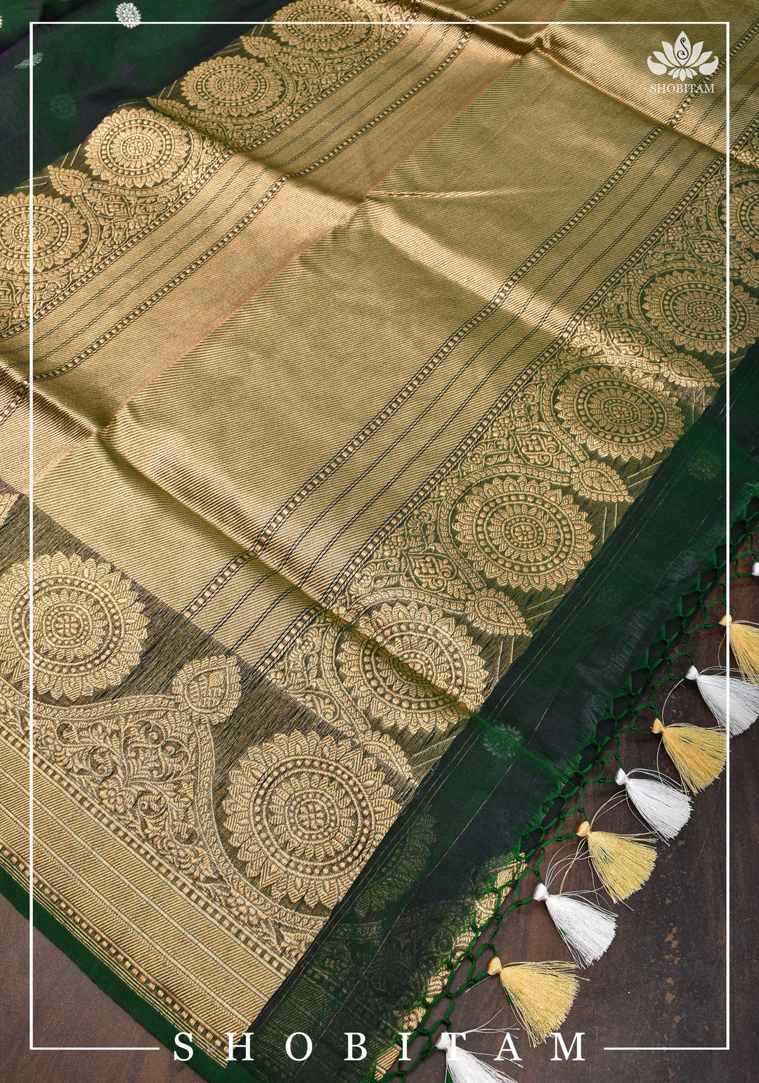 Gorgeous Pure Banarasi Kora Silk Saree in Bottle Green Purple Dual Tone with Kadhuwa Weave | SILK MARK CERTIFIED | SHOBITAM