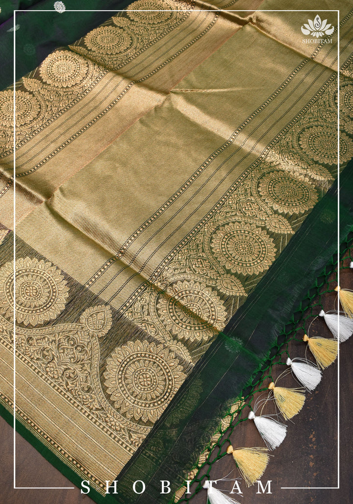 Gorgeous Pure Banarasi Kora Silk Saree in Bottle Green Purple Dual Tone with Kadhuwa Weave | SILK MARK CERTIFIED | SHOBITAM