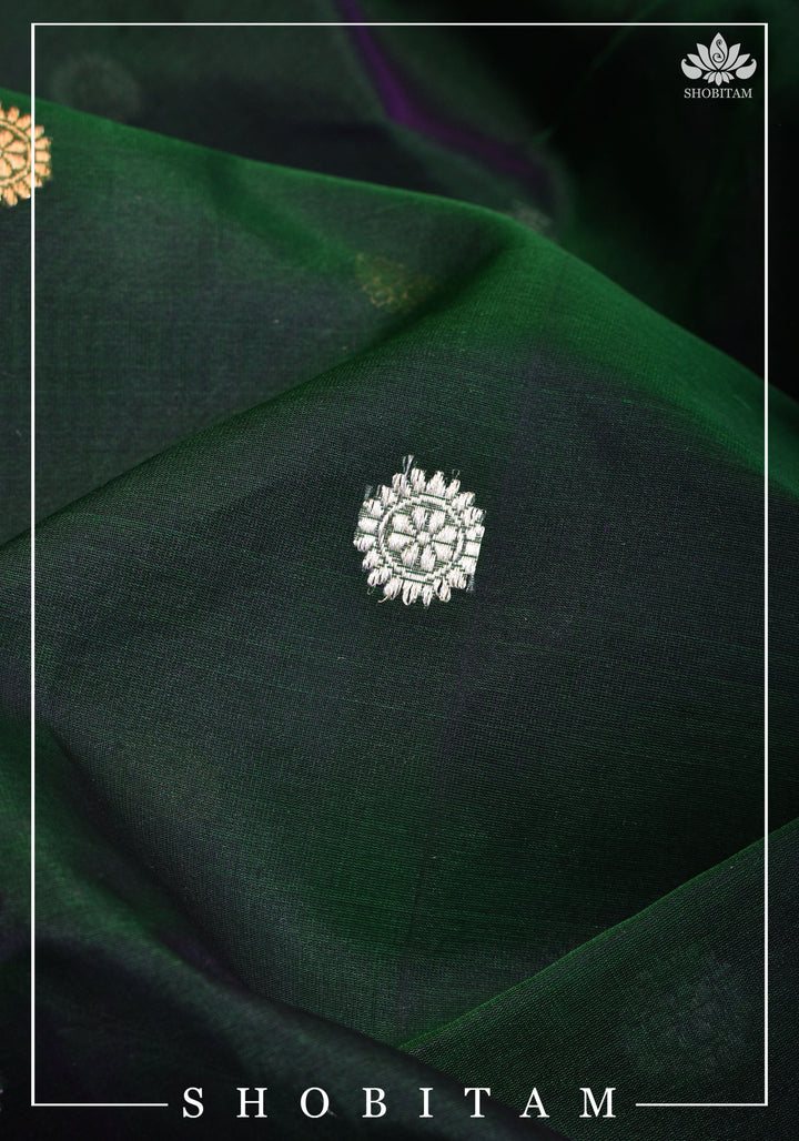 Gorgeous Pure Banarasi Kora Silk Saree in Bottle Green Purple Dual Tone with Kadhuwa Weave | SILK MARK CERTIFIED | SHOBITAM