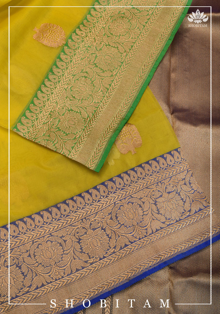 Banarasi Silk Organza Saree in Yellow with Ganga Jamuna Borders | SILK MARK CERTIFIED