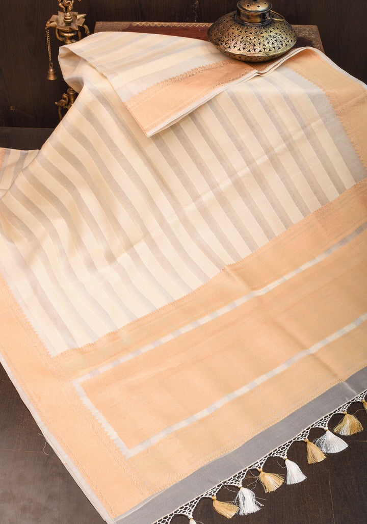 Off White Pure Kora Silk Banarasi Saree with trendy Striped Pattern and zari border  | SILK MARK CERTIFIED