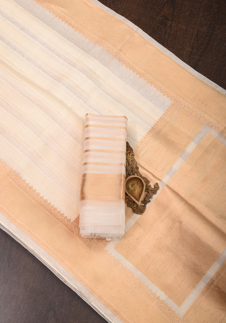 Off White Pure Kora Silk Banarasi Saree with trendy Striped Pattern and zari border  | SILK MARK CERTIFIED