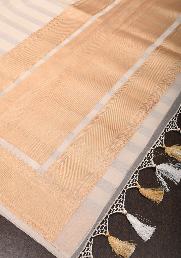 Off White Pure Kora Silk Banarasi Saree with trendy Striped Pattern and zari border  | SILK MARK CERTIFIED