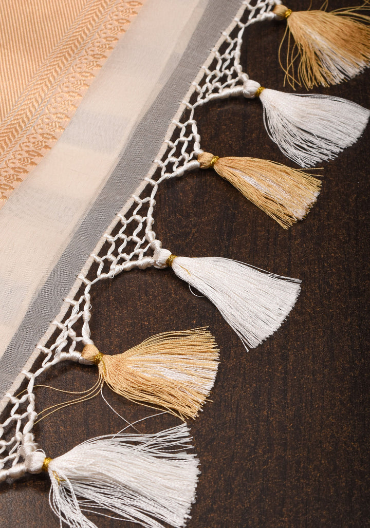 Off White Pure Kora Silk Banarasi Saree with trendy Striped Pattern and zari border  | SILK MARK CERTIFIED