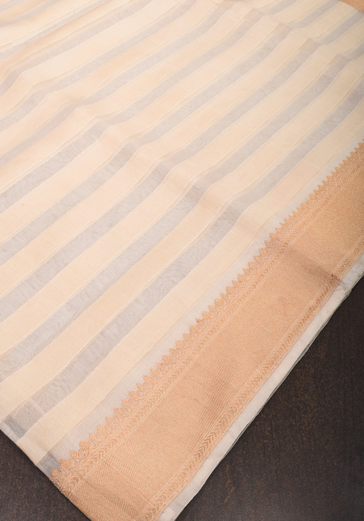 Off White Pure Kora Silk Banarasi Saree with trendy Striped Pattern and zari border  | SILK MARK CERTIFIED