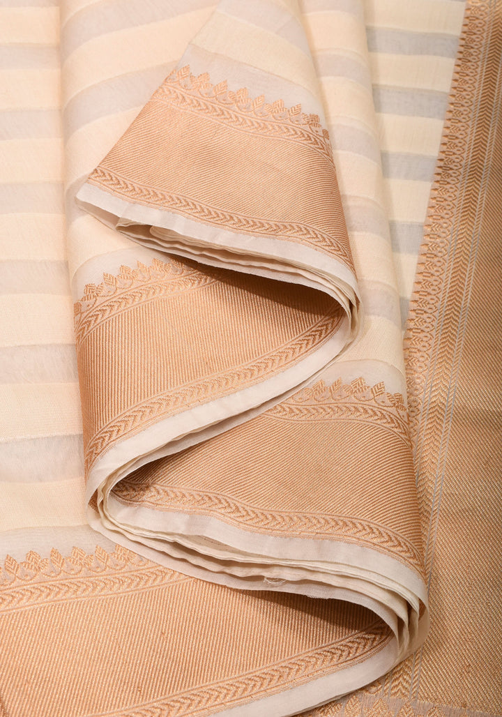 Off White Pure Kora Silk Banarasi Saree with trendy Striped Pattern and zari border  | SILK MARK CERTIFIED