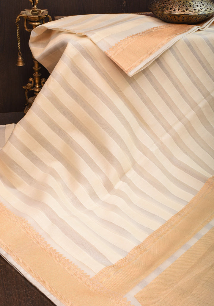 Off White Pure Kora Silk Banarasi Saree with trendy Striped Pattern and zari border  | SILK MARK CERTIFIED