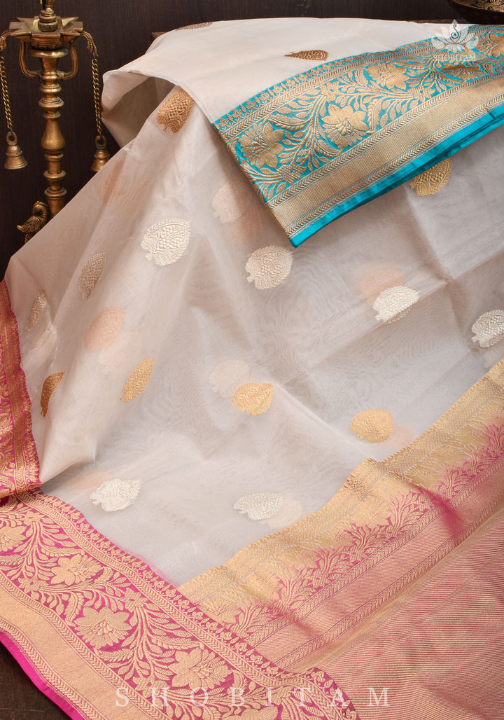 Pure Organza  Banarasi Ivory with Ganga Jamuna borders and Sona Rupa Zari | SILK MARK CERTIFIED