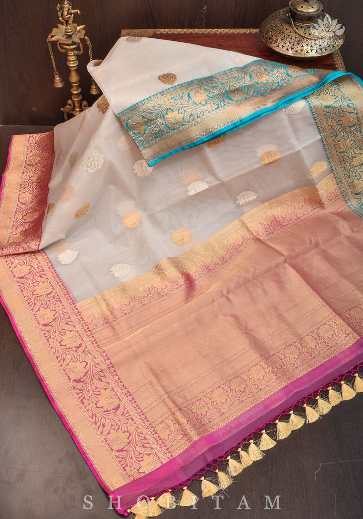 Pure Organza  Banarasi Ivory with Ganga Jamuna borders and Sona Rupa Zari | SILK MARK CERTIFIED