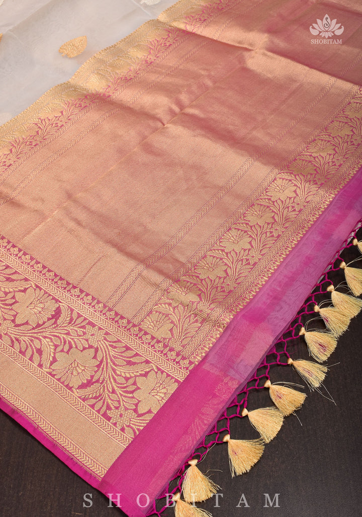 Pure Organza  Banarasi Ivory with Ganga Jamuna borders and Sona Rupa Zari | SILK MARK CERTIFIED