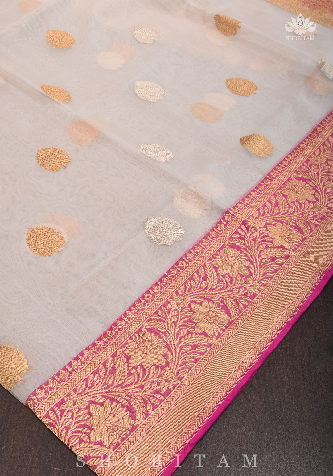 Pure Organza  Banarasi Ivory with Ganga Jamuna borders and Sona Rupa Zari | SILK MARK CERTIFIED