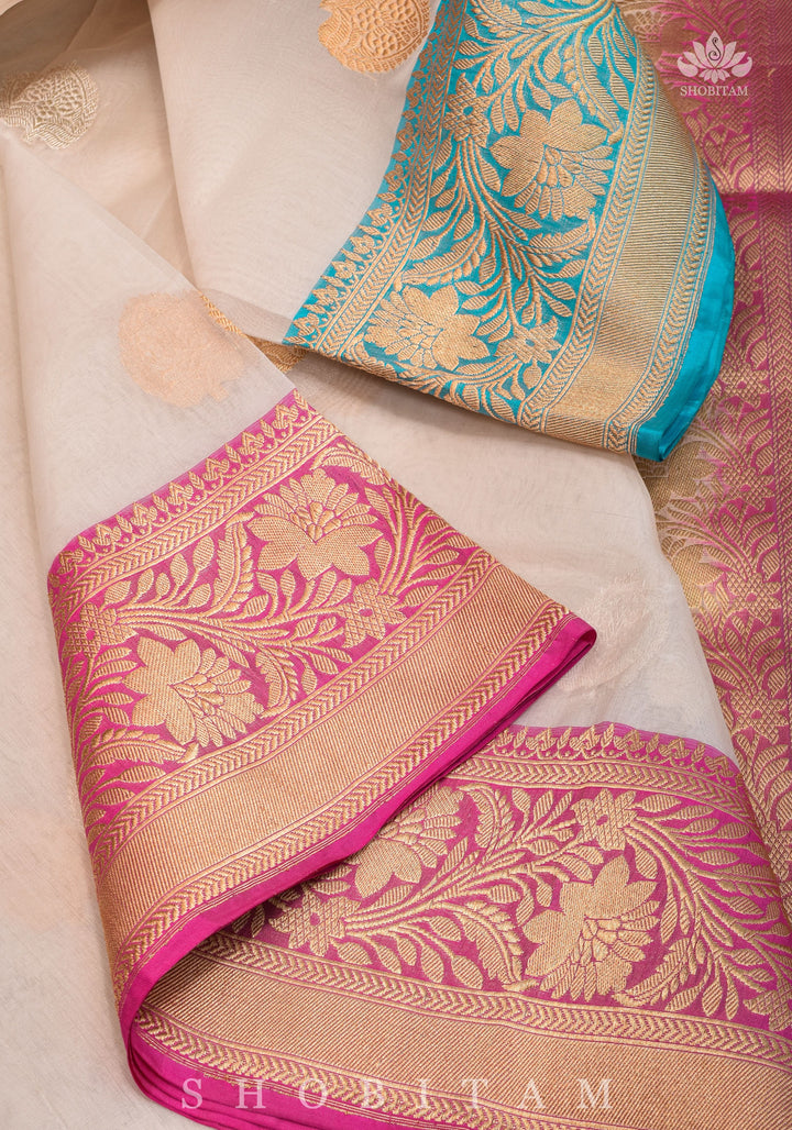 Pure Organza  Banarasi Ivory with Ganga Jamuna borders and Sona Rupa Zari | SILK MARK CERTIFIED