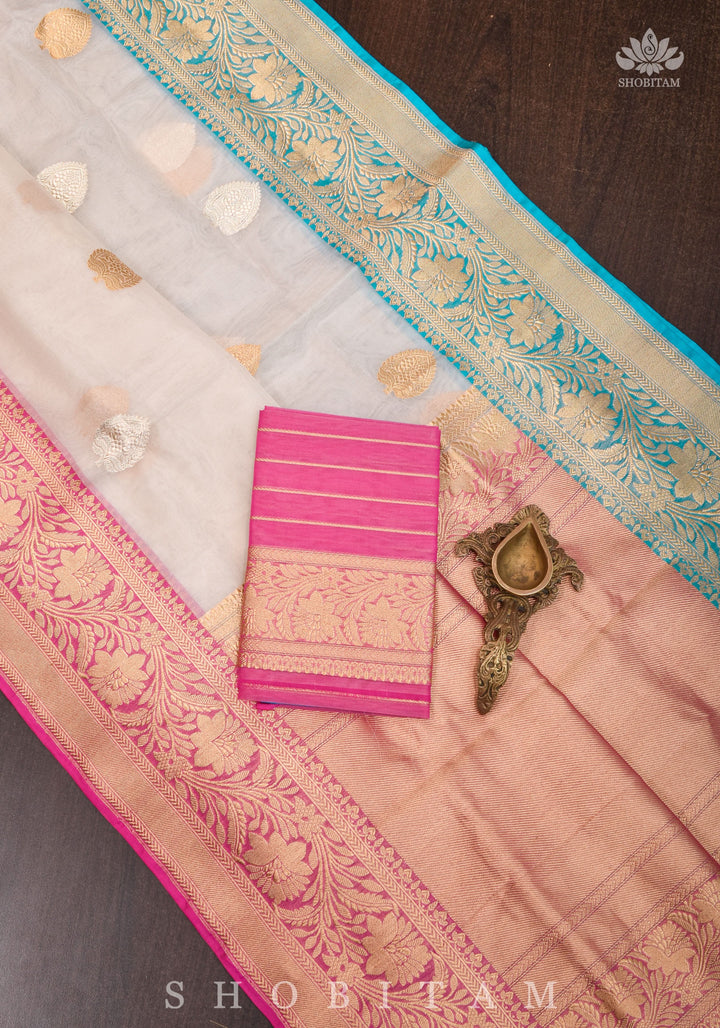 Pure Organza  Banarasi Ivory with Ganga Jamuna borders and Sona Rupa Zari | SILK MARK CERTIFIED
