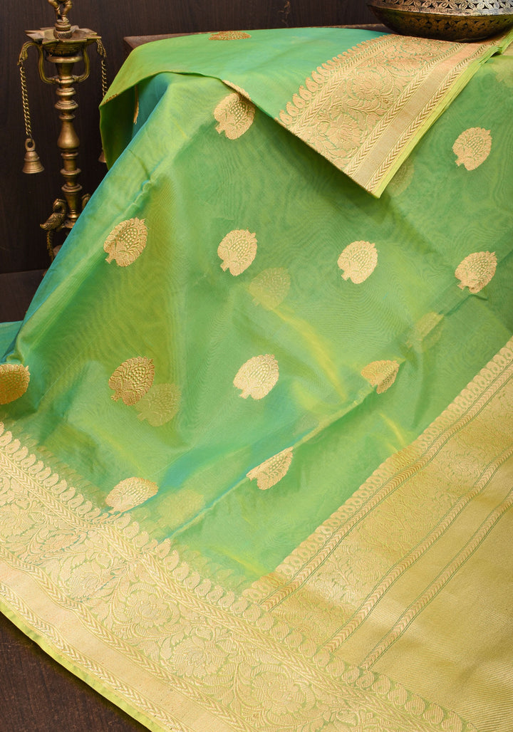 Green and mustard Dual Tone Exquisite Banarasi Organza Silk Saree with Zari Motifs | SILK MARK CERTIFIED