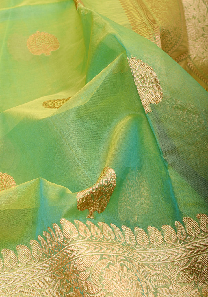 Green and mustard Dual Tone Exquisite Banarasi Organza Silk Saree with Zari Motifs | SILK MARK CERTIFIED