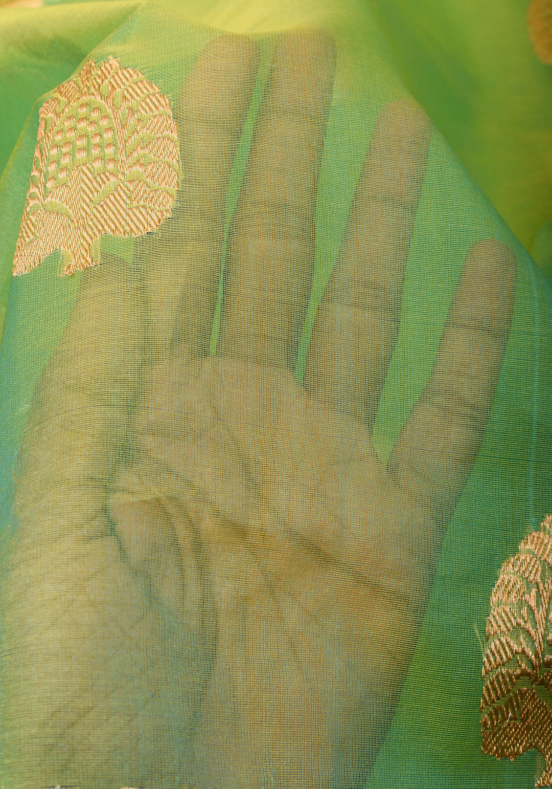 Green and mustard Dual Tone Exquisite Banarasi Organza Silk Saree with Zari Motifs | SILK MARK CERTIFIED | SHOBITAM