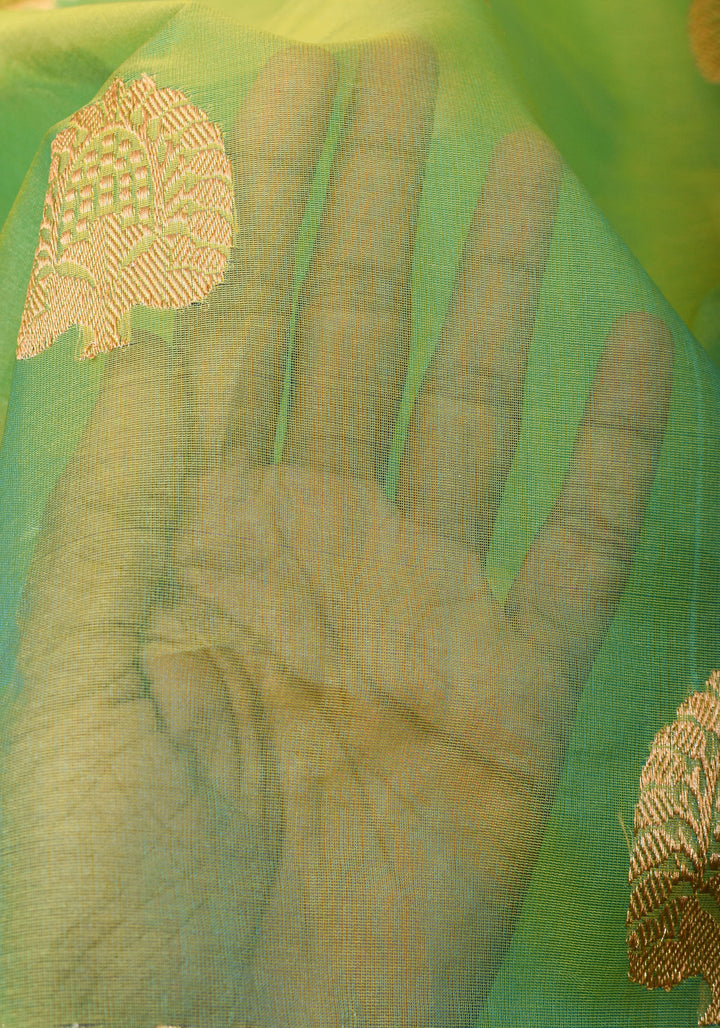 Green and mustard Dual Tone Exquisite Banarasi Organza Silk Saree with Zari Motifs | SILK MARK CERTIFIED | SHOBITAM