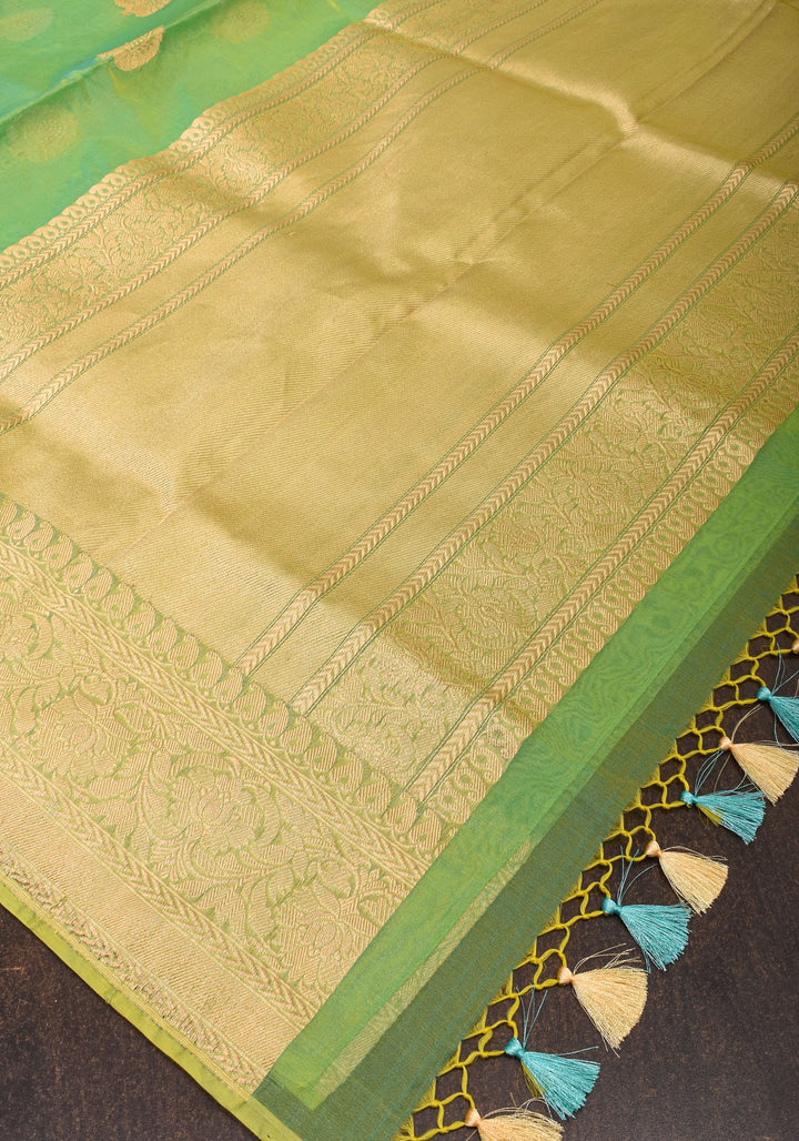 Green and mustard Dual Tone Exquisite Banarasi Organza Silk Saree with Zari Motifs | SILK MARK CERTIFIED
