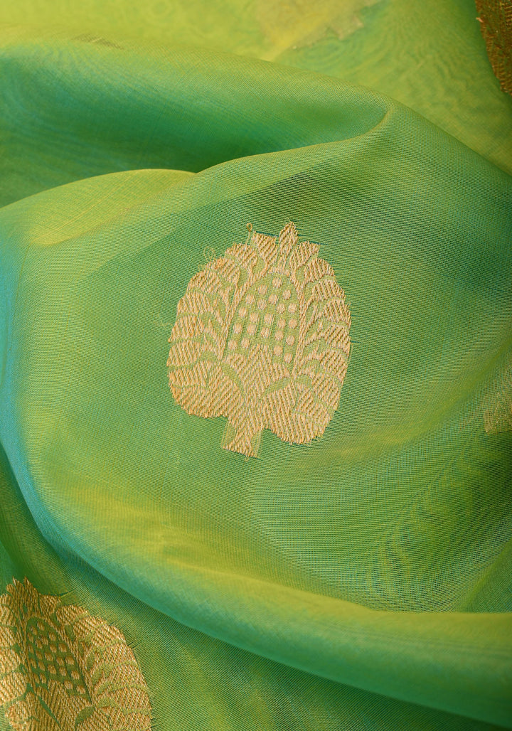 Green and mustard Dual Tone Exquisite Banarasi Organza Silk Saree with Zari Motifs | SILK MARK CERTIFIED
