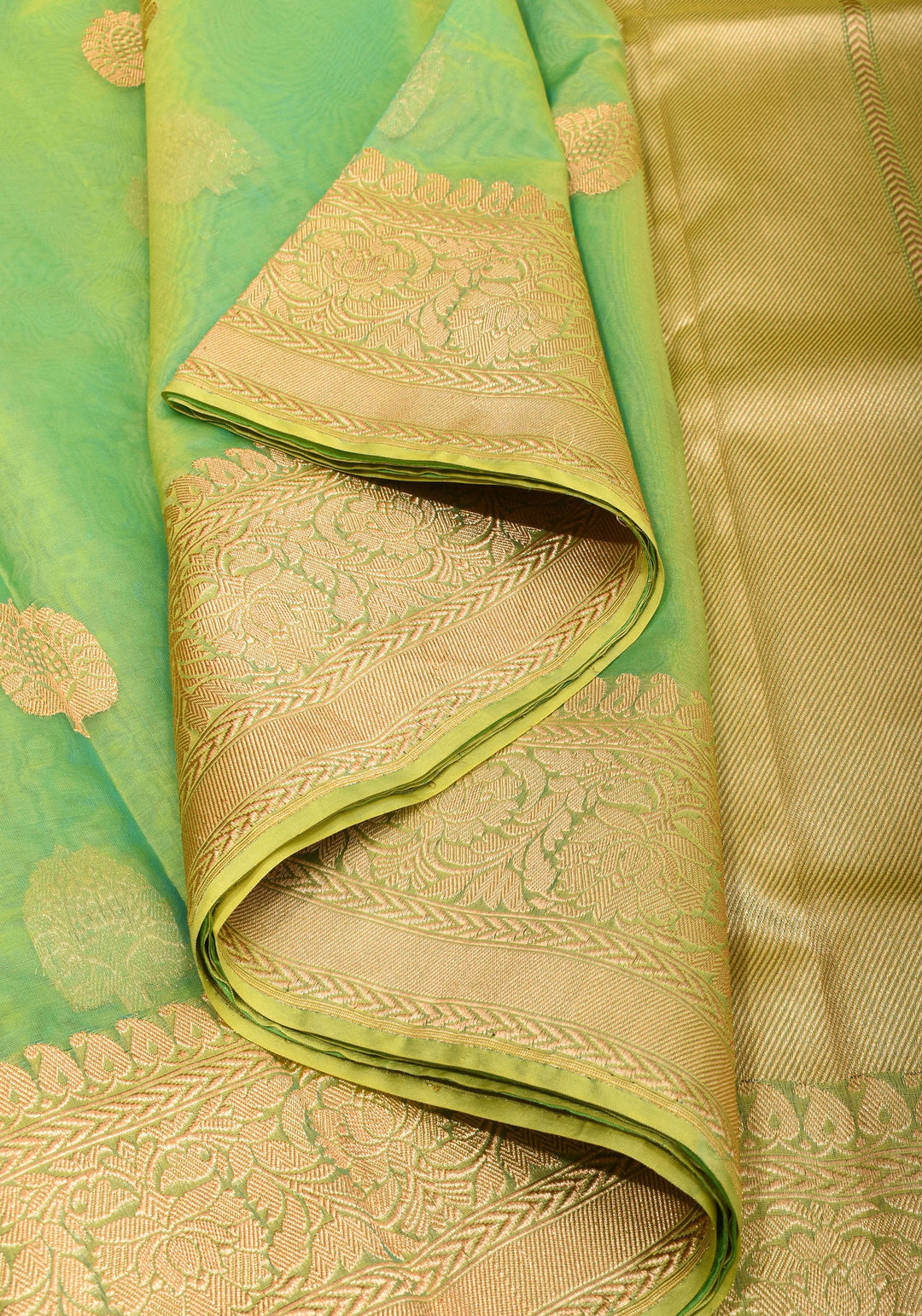Green and mustard Dual Tone Exquisite Banarasi Organza Silk Saree with Zari Motifs | SILK MARK CERTIFIED