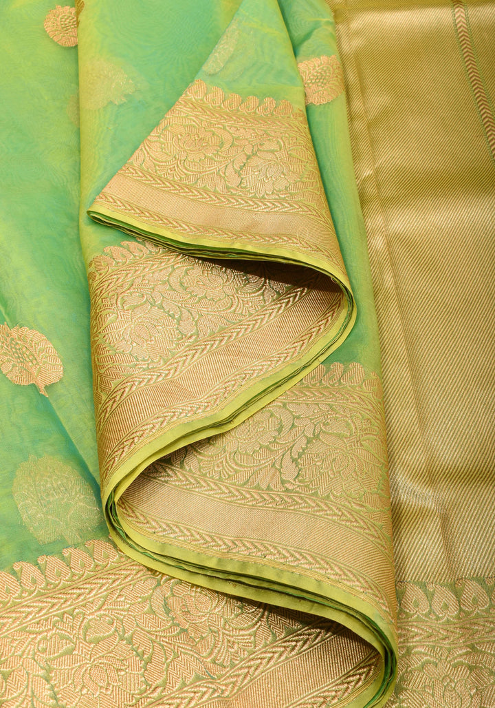 Green and mustard Dual Tone Exquisite Banarasi Organza Silk Saree with Zari Motifs | SILK MARK CERTIFIED