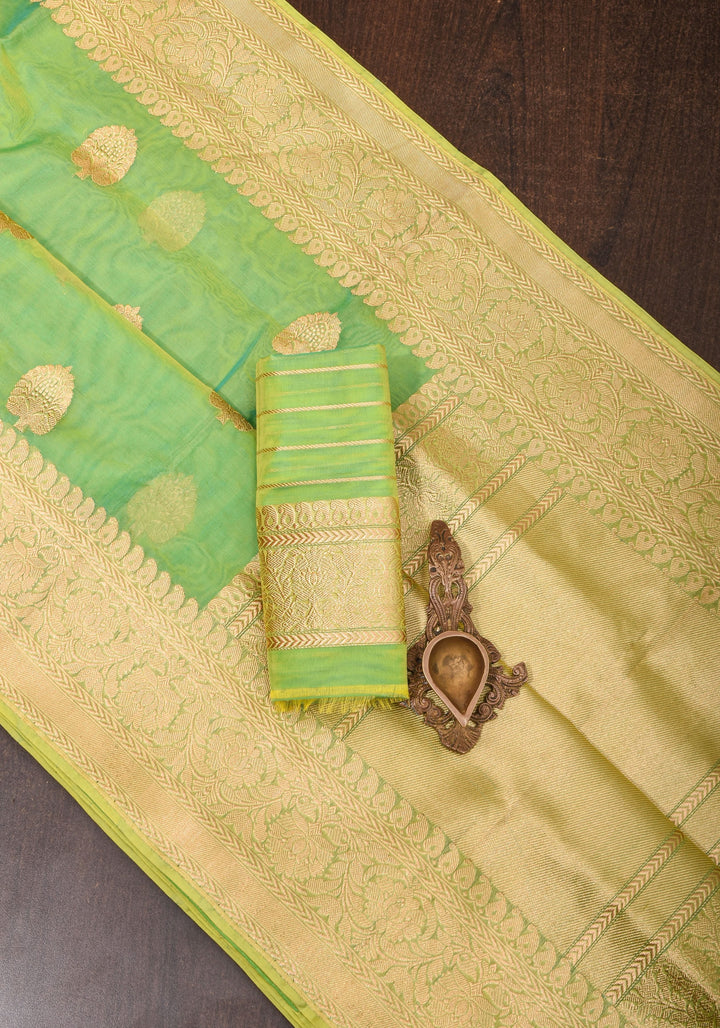 Green and mustard Dual Tone Exquisite Banarasi Organza Silk Saree with Zari Motifs | SILK MARK CERTIFIED