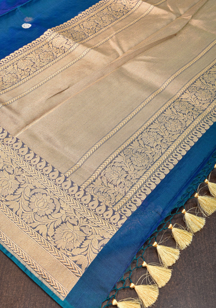Exquisite Pure Banarasi Kora Silk Saree in Prussian Blue Dual Tone with Sona Rupa Buttas and Zari Border | SILK MARK CERTIFIED