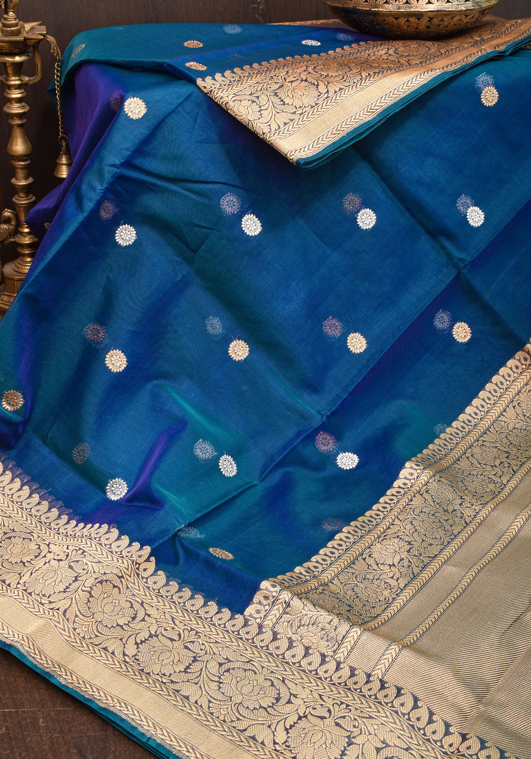 Exquisite Pure Banarasi Kora Silk Saree in Prussian Blue Dual Tone with Sona Rupa Buttas and Zari Border | SILK MARK CERTIFIED