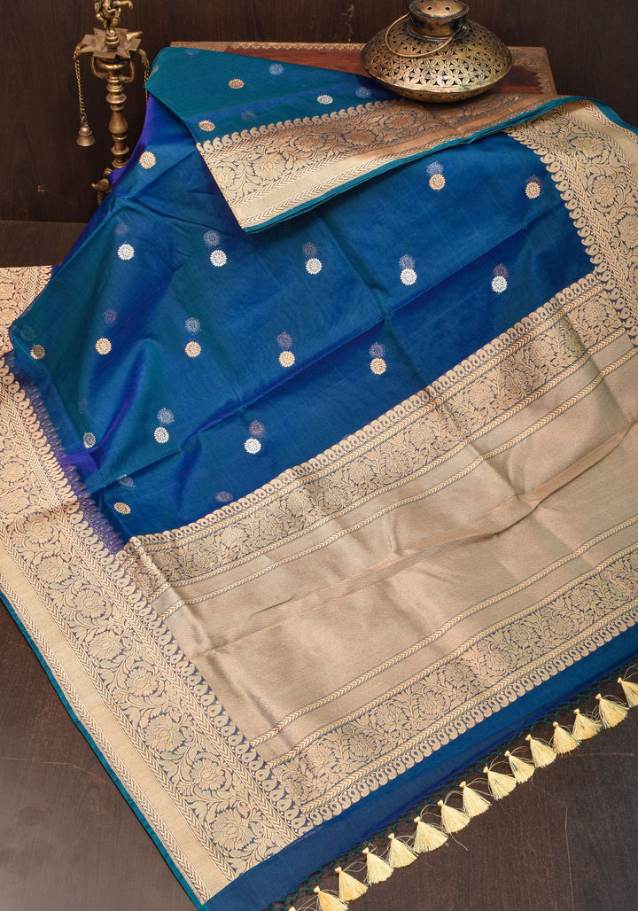 Exquisite Pure Banarasi Kora Silk Saree in Prussian Blue Dual Tone with Sona Rupa Buttas and Zari Border | SILK MARK CERTIFIED