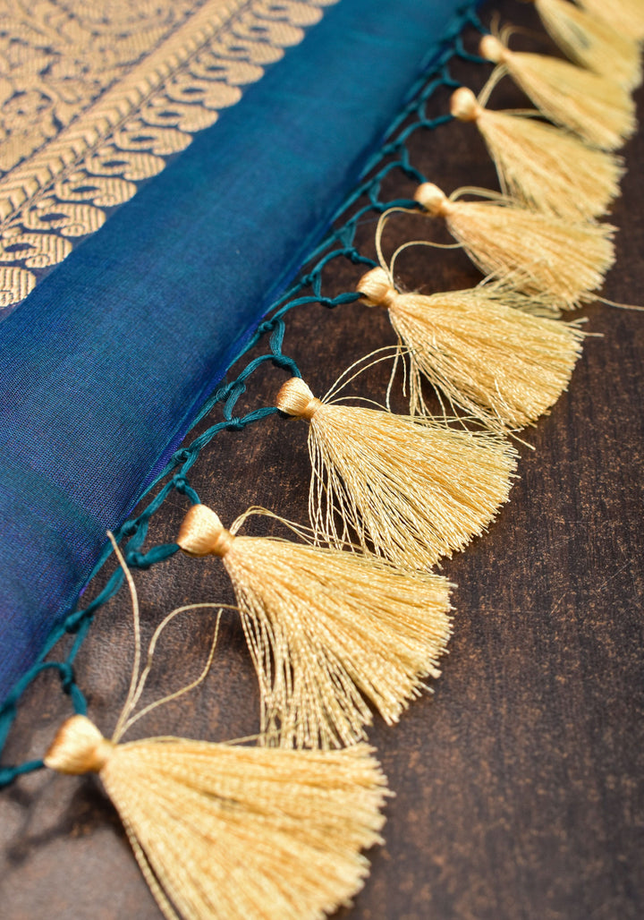 Exquisite Pure Banarasi Kora Silk Saree in Prussian Blue Dual Tone with Sona Rupa Buttas and Zari Border | SILK MARK CERTIFIED