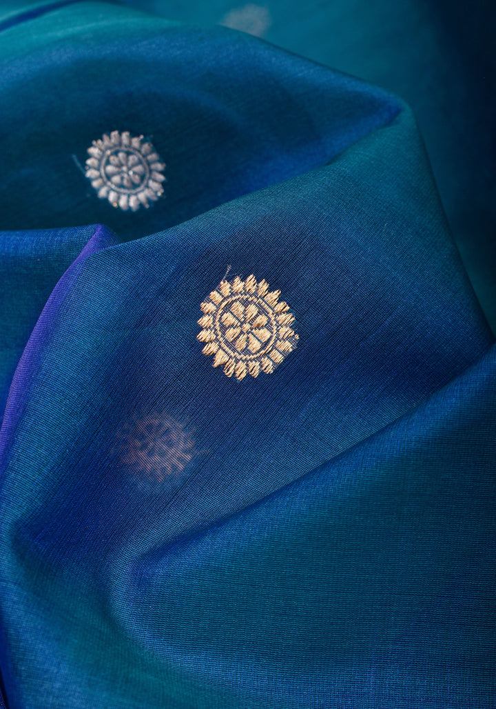 Exquisite Pure Banarasi Kora Silk Saree in Prussian Blue Dual Tone with Sona Rupa Buttas and Zari Border | SILK MARK CERTIFIED