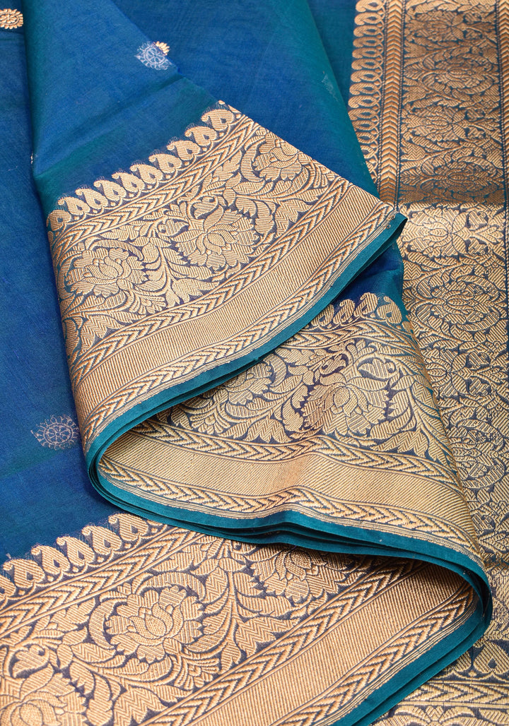 Exquisite Pure Banarasi Kora Silk Saree in Prussian Blue Dual Tone with Sona Rupa Buttas and Zari Border | SILK MARK CERTIFIED