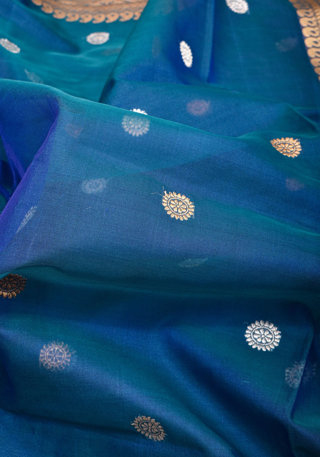 Exquisite Pure Banarasi Kora Silk Saree in Prussian Blue Dual Tone with Sona Rupa Buttas and Zari Border | SILK MARK CERTIFIED