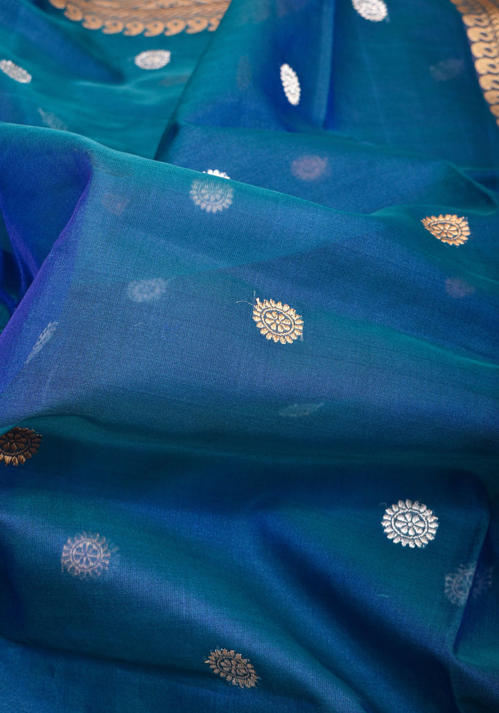 Exquisite Pure Banarasi Kora Silk Saree in Prussian Blue Dual Tone with Sona Rupa Buttas and Zari Border | SILK MARK CERTIFIED