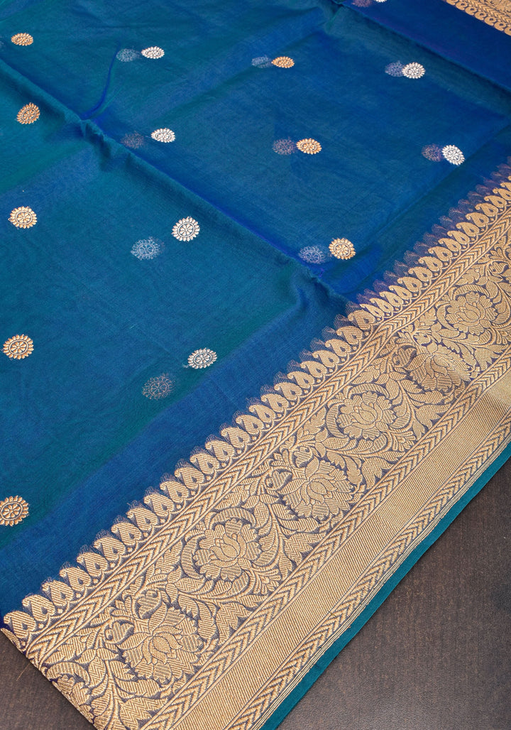 Exquisite Pure Banarasi Kora Silk Saree in Prussian Blue Dual Tone with Sona Rupa Buttas and Zari Border | SILK MARK CERTIFIED