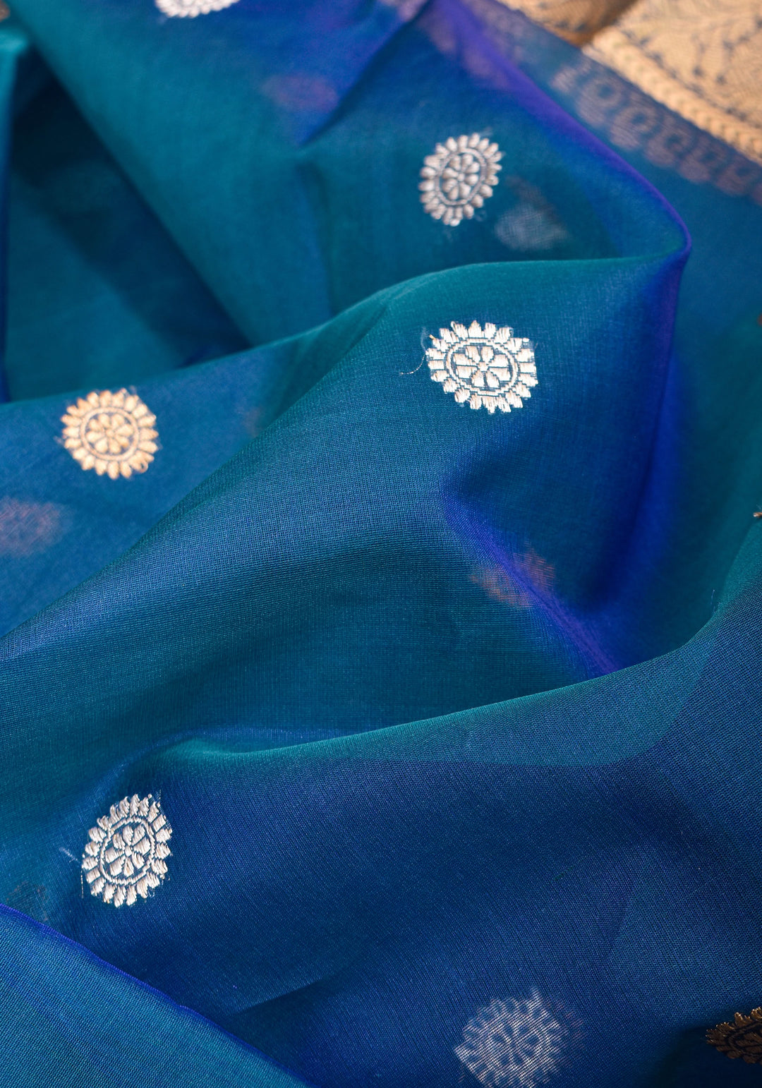 Exquisite Pure Banarasi Kora Silk Saree in Prussian Blue Dual Tone with Sona Rupa Buttas and Zari Border | SILK MARK CERTIFIED