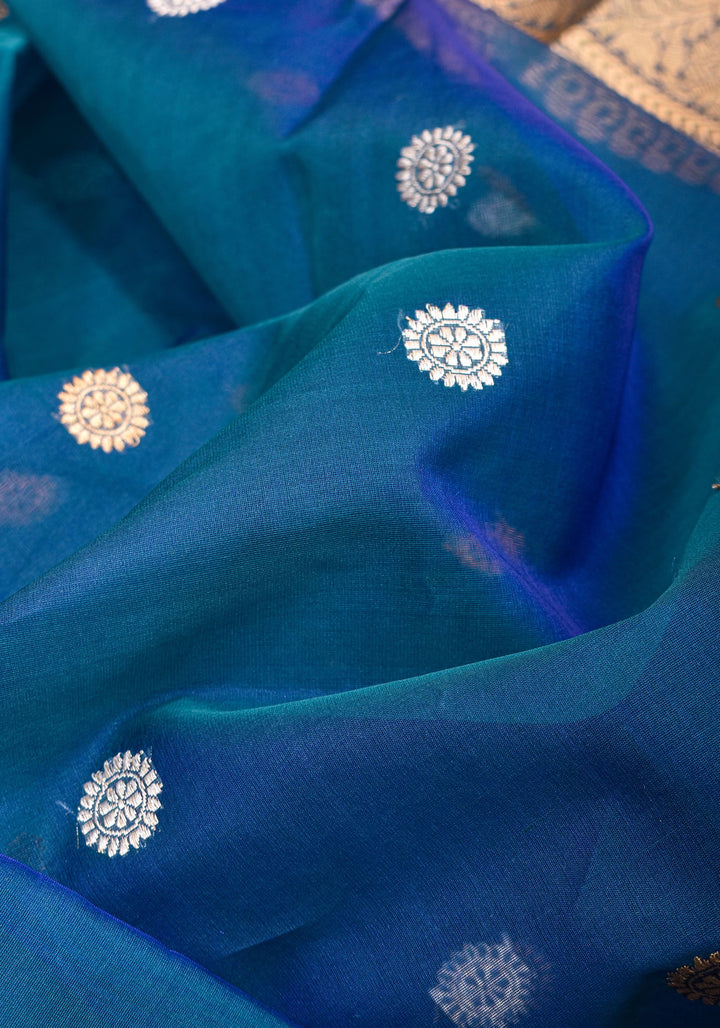 Exquisite Pure Banarasi Kora Silk Saree in Prussian Blue Dual Tone with Sona Rupa Buttas and Zari Border | SILK MARK CERTIFIED