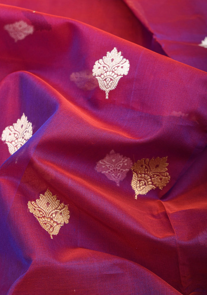 Pure Banarasi Kora Silk Saree in Dual Tone Purple Red with Golden Borders | SILK MARK CERTIFIED