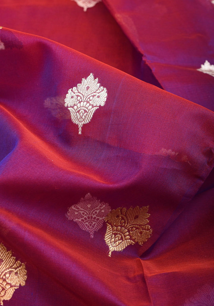 Pure Banarasi Kora Silk Saree in Dual Tone Purple Red with Golden Borders | SILK MARK CERTIFIED