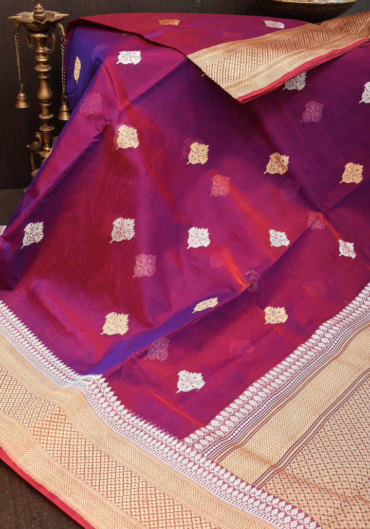 Pure Banarasi Kora Silk Saree in Dual Tone Purple Red with Golden Borders | SILK MARK CERTIFIED