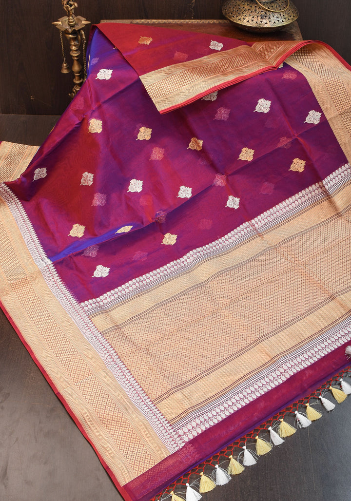 Pure Banarasi Kora Silk Saree in Dual Tone Purple Red with Golden Borders | SILK MARK CERTIFIED