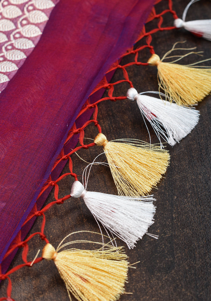 Pure Banarasi Kora Silk Saree in Dual Tone Purple Red with Golden Borders | SILK MARK CERTIFIED