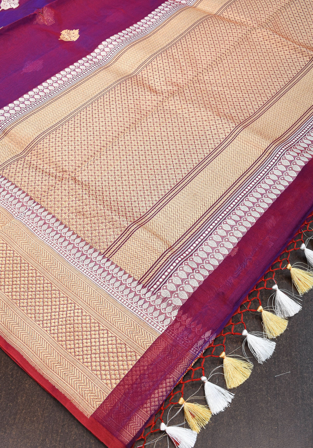 Pure Banarasi Kora Silk Saree in Dual Tone Purple Red with Golden Borders | SILK MARK CERTIFIED